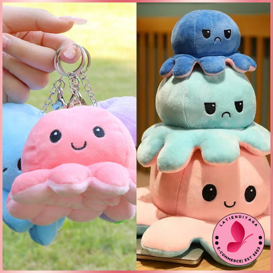 LATIENDITAGA - Llavero de pulpo de color aleatorio - Muñeco de peluche reversible de dibujos animados bicolor de doble cara