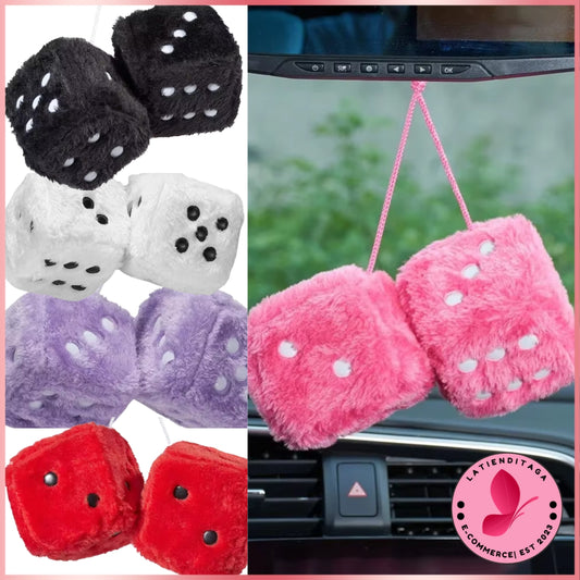 LATIENDITAGA - Retro Square Mirror Pendant Couple Furry Plush Dice With Dots for Car Interior Ornament Decoration