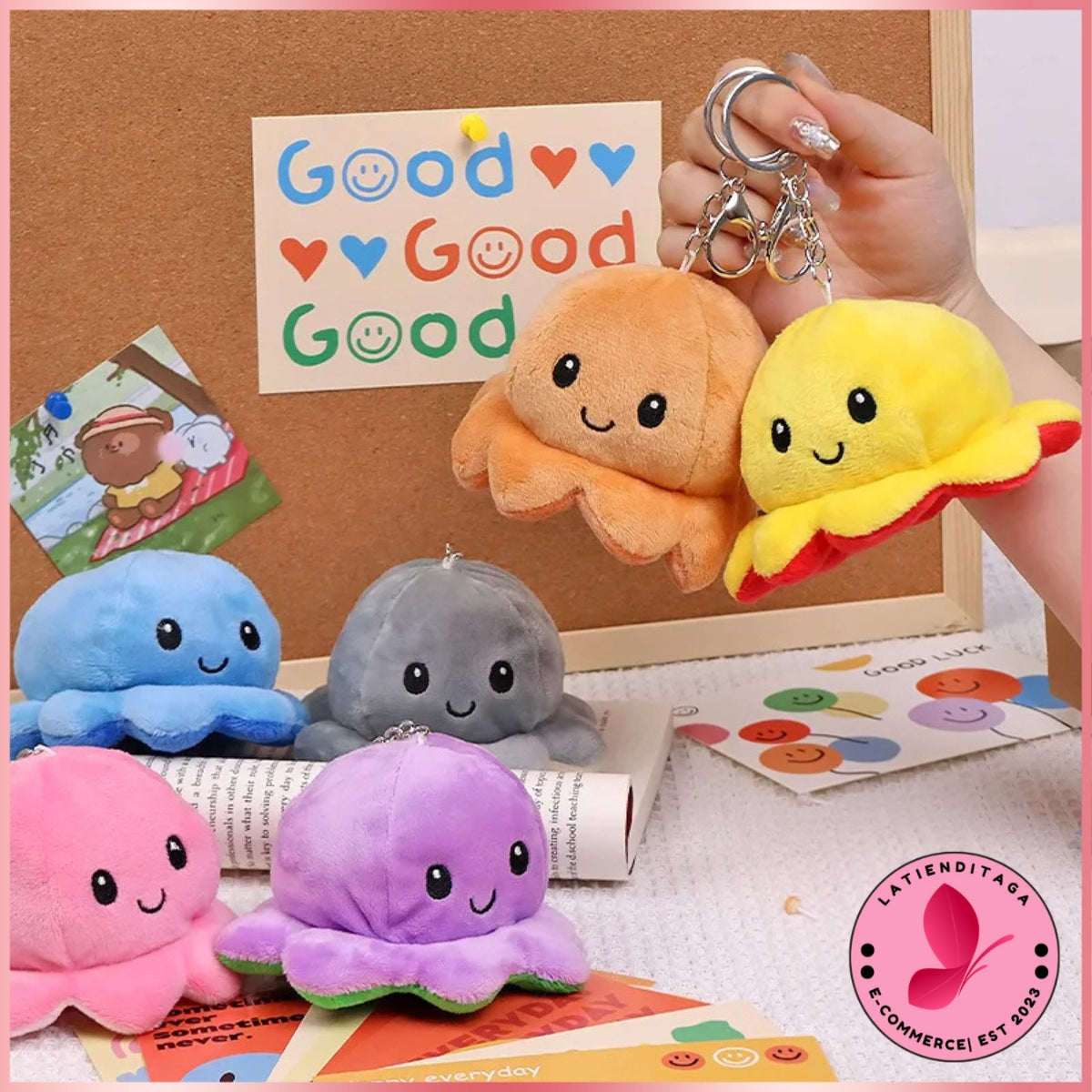 LATIENDITAGA - Llavero de pulpo de color aleatorio - Muñeco de peluche reversible de dibujos animados bicolor de doble cara